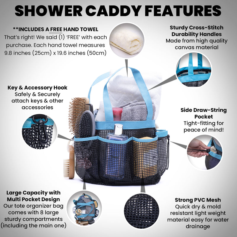 Shower Caddy Toiletry Mesh Bag and Hand Towel